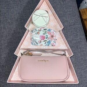 Nanette Lepore Blush Crossbody Bag with Floral Cardholder and Mint Coin Purse